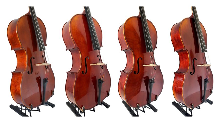 Wiolonczela SONATA 4/4 - widok z czterech stron, lakier w odcieniach brązu i czerwieni